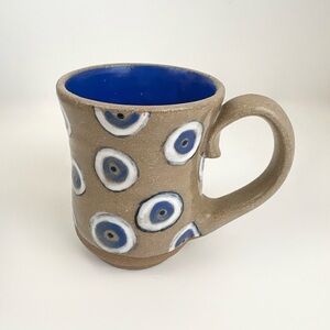Artisan Hand Made Evil Eye Stoneware Studio Pottery Blue Brown White Glaze Mug